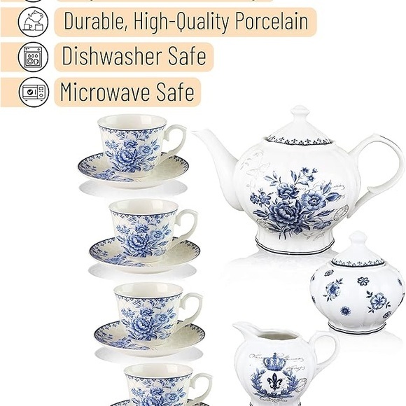 Other - Elegant Blue and White Floral Tea Set for 4